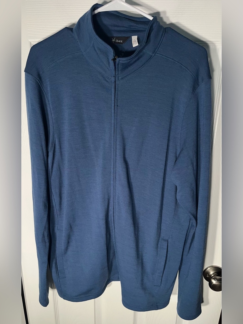 Ibex Men’s USA Made Merino Wool Blend Jacket Large Full Zip Mid Layer Blue